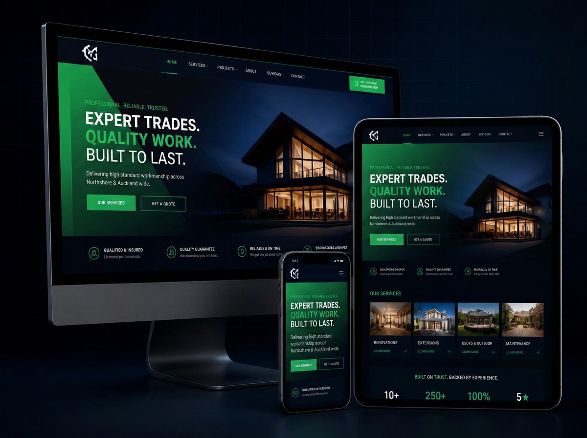 A LaunchGrid client website shown across desktop, tablet and mobile screens