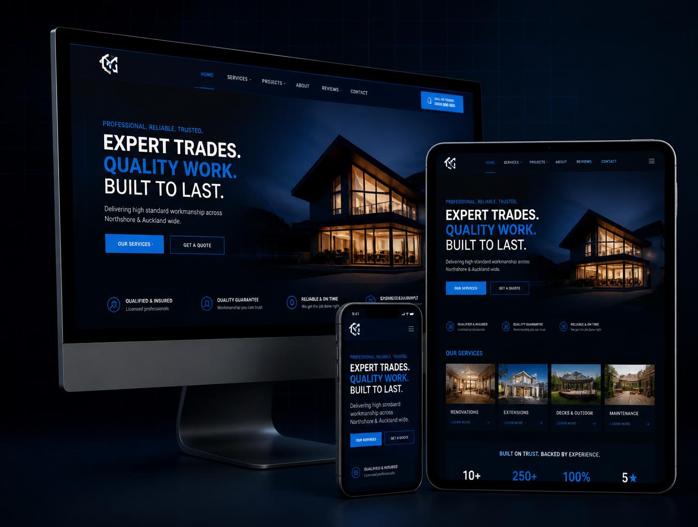 Responsive website layout shown across desktop, tablet and mobile