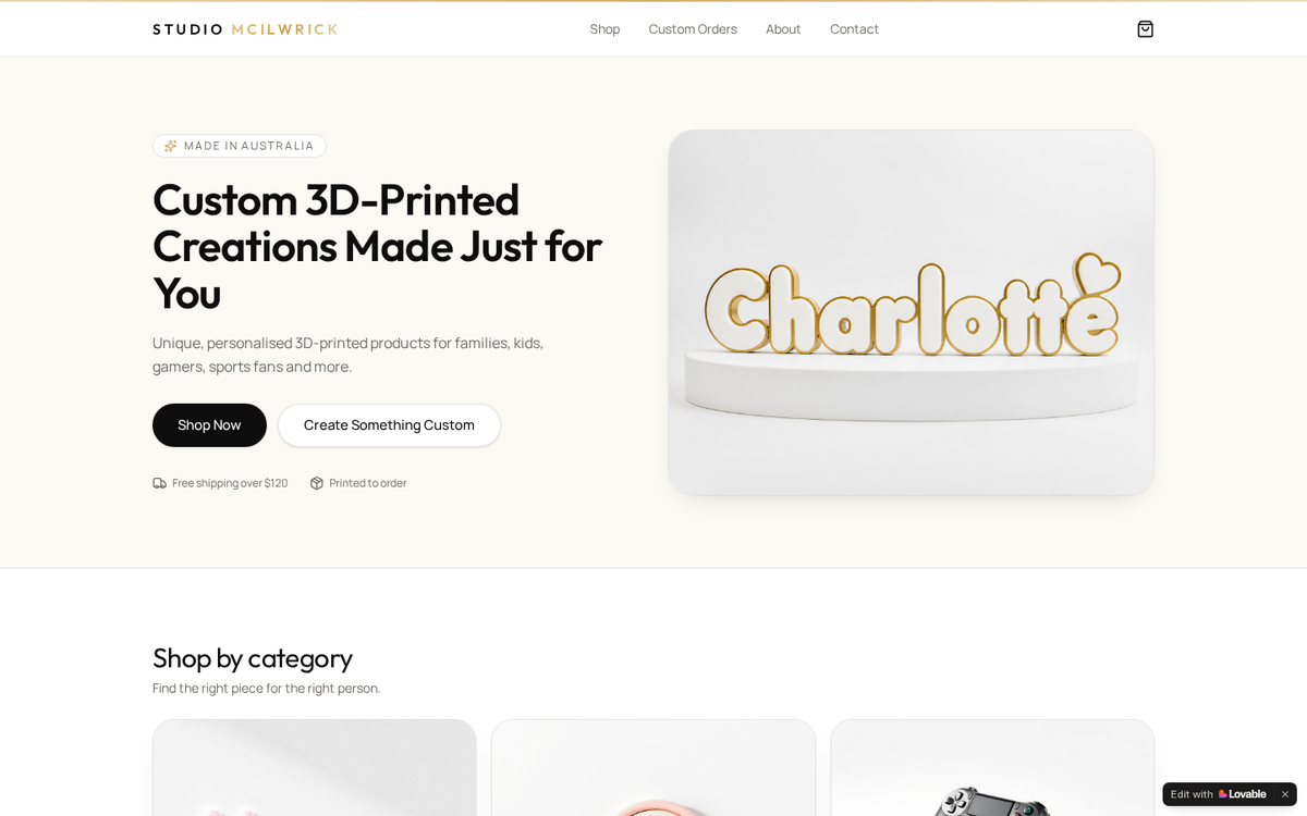 Studio McIlwrick online store — custom 3D-printed personalised creations