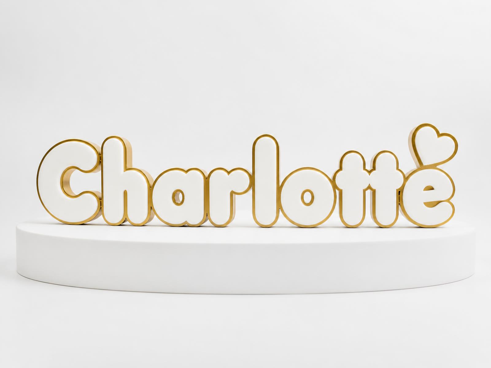 Personalised 3D-printed bubble letter name sign in white and gold